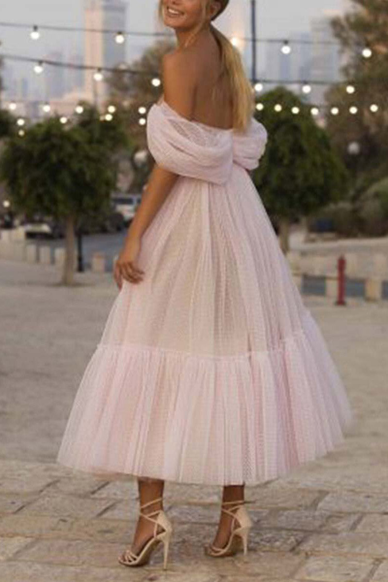 Pearl Pink Off-the-Shoulder Tulle A-Line Prom Dress