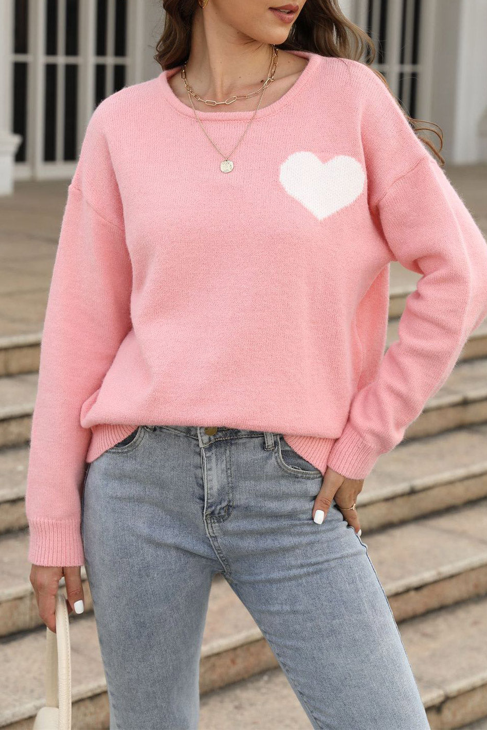 Pink Knitted Sweater With Heart Pattern