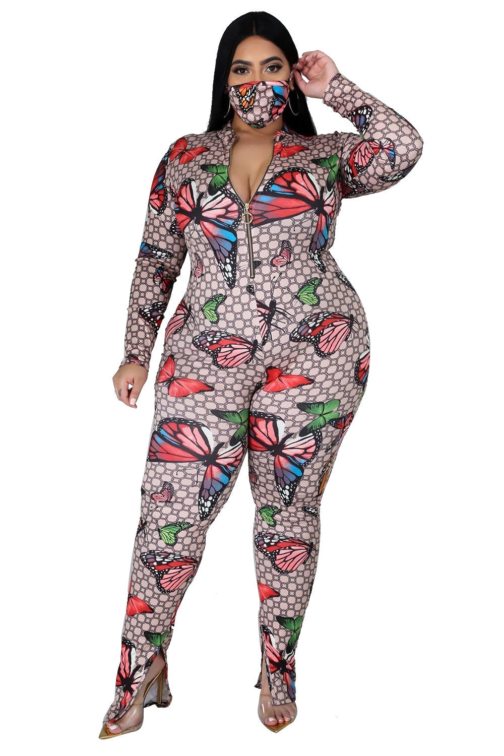 Plus Size Long Sleeve Print Jumpsuit 