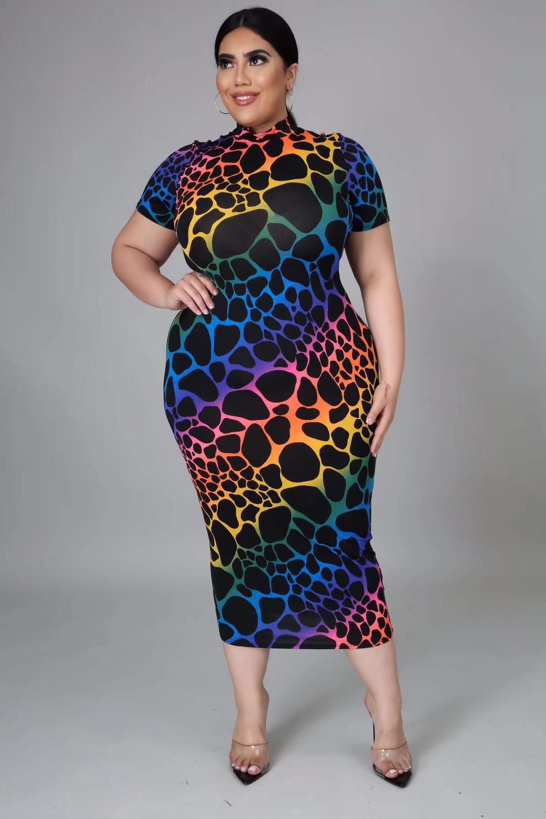 Plus Size Print Short Sleeve Evening Dress