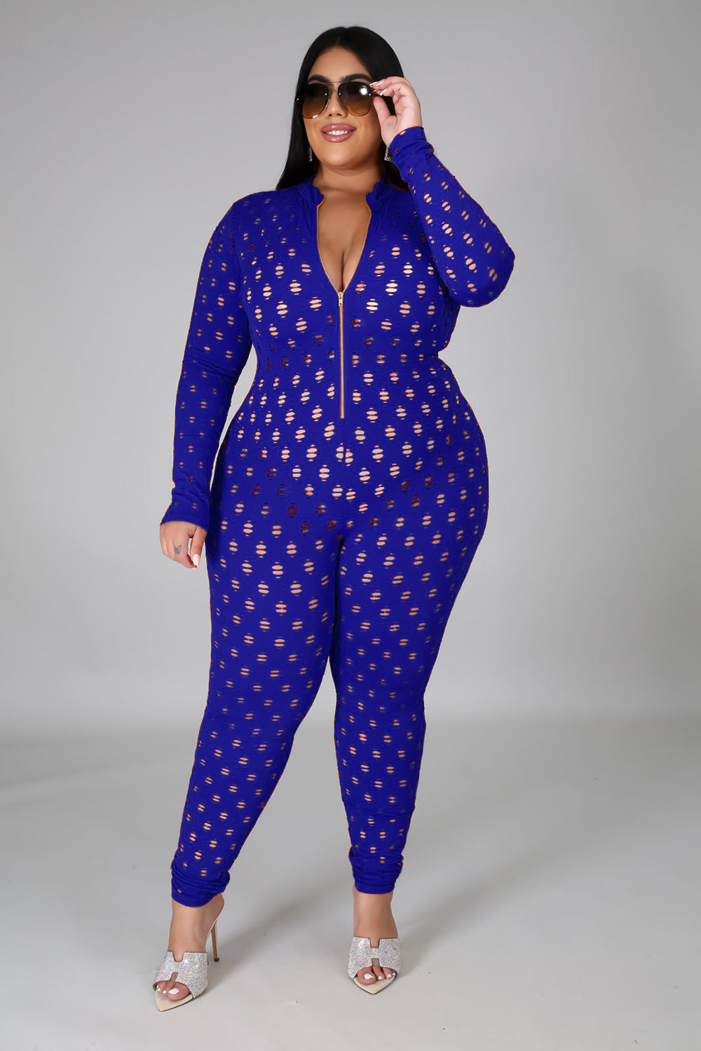 Plus Size Sexy See Through Long Sleeve Jumpsuit 