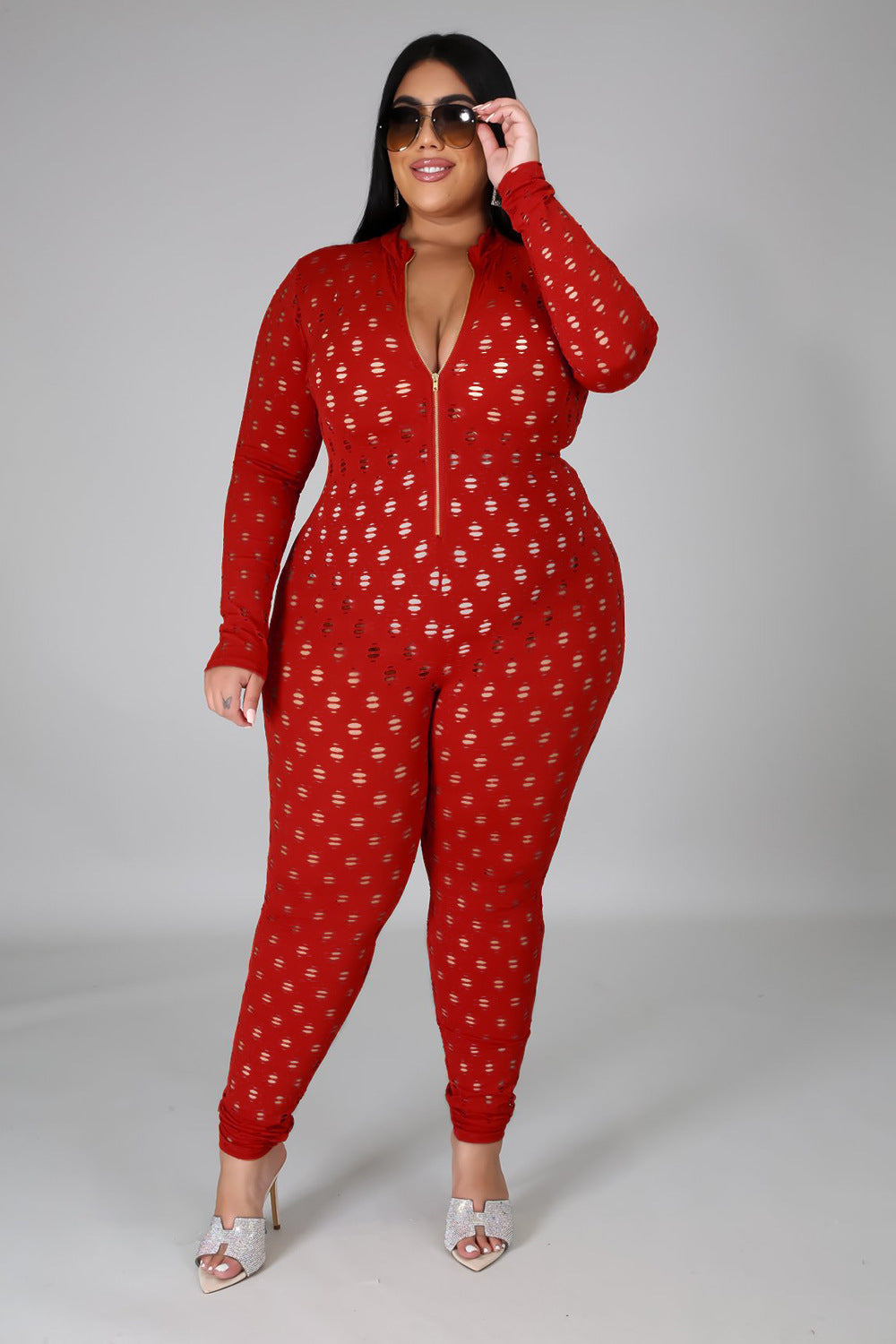 Plus Size Sexy See Through Long Sleeve Jumpsuit 