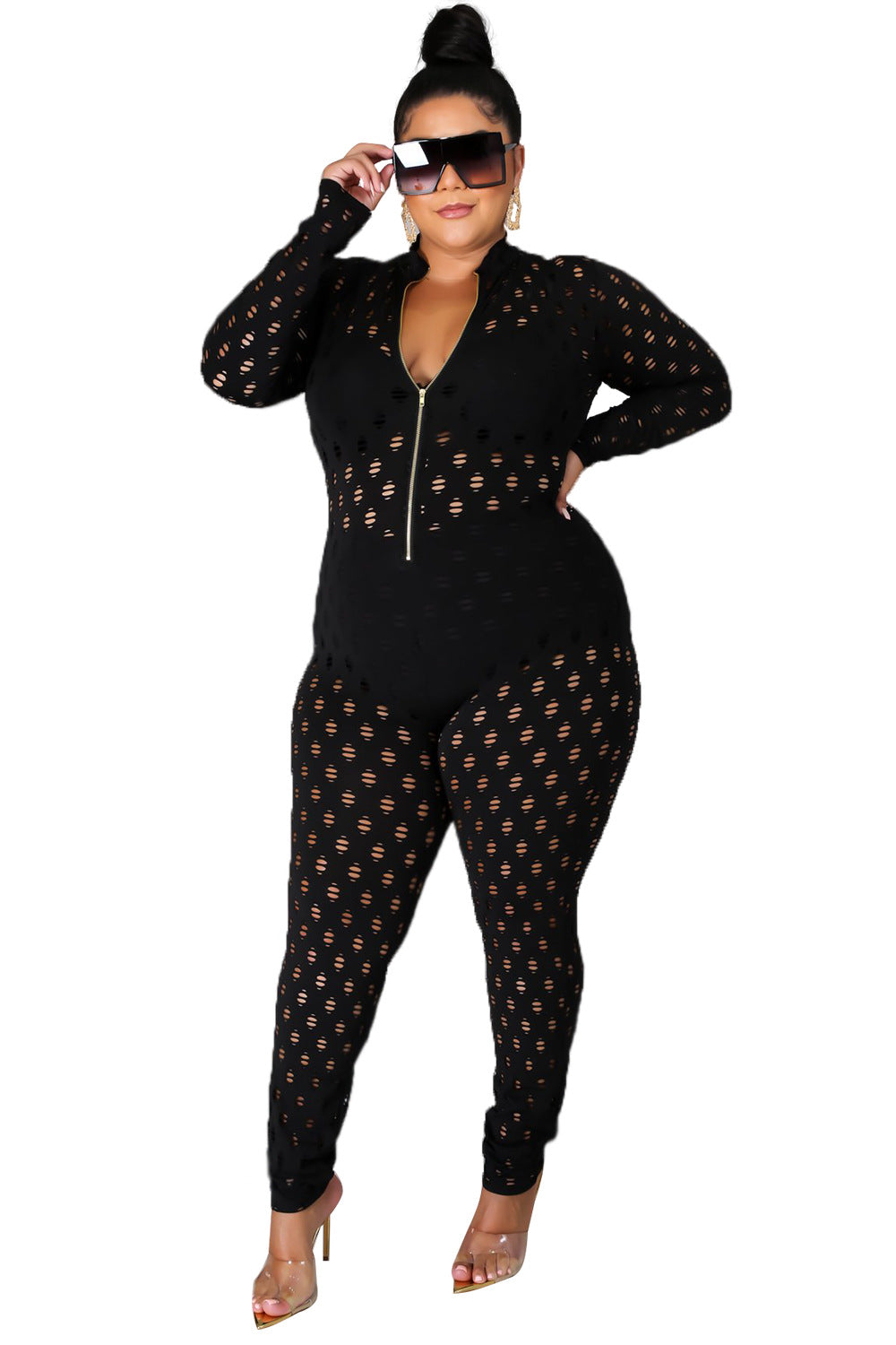 Plus Size Sexy See Through Long Sleeve Jumpsuit 