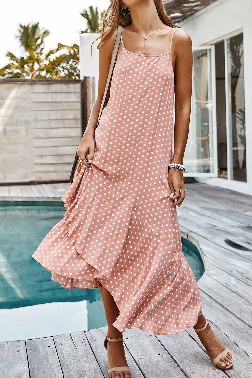 Polka Dot Spaghetti Straps Ruffled Maxi Dress - Mislish