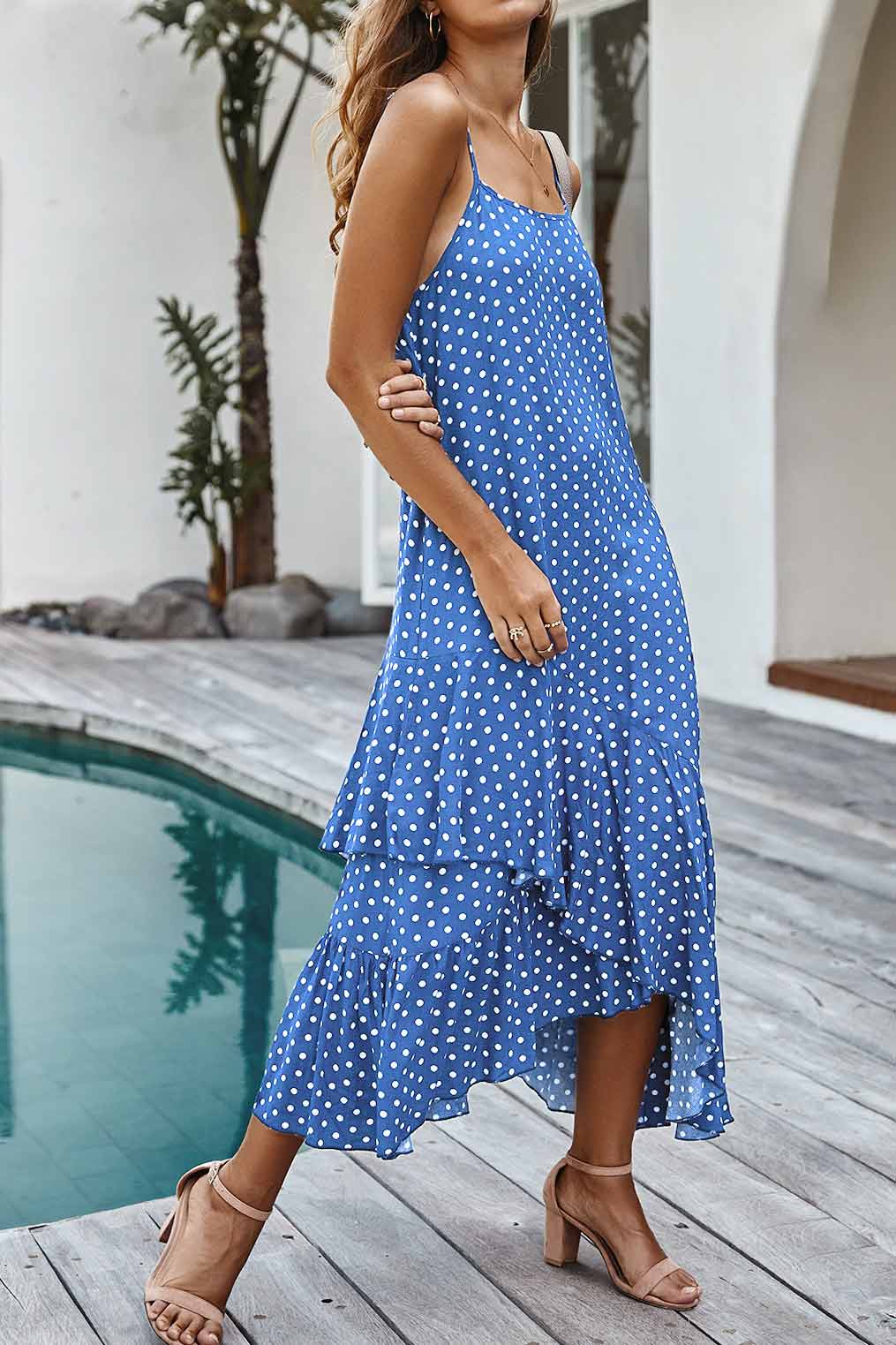 Polka Dot Spaghetti Straps Ruffled Maxi Dress - Mislish