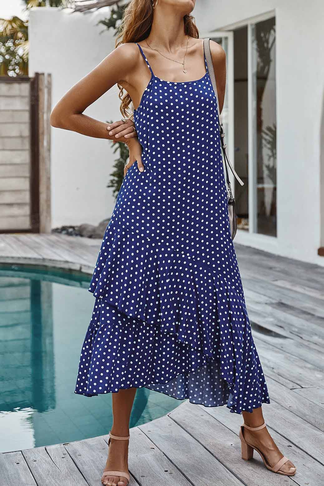 Polka Dot Spaghetti Straps Ruffled Maxi Dress - Mislish