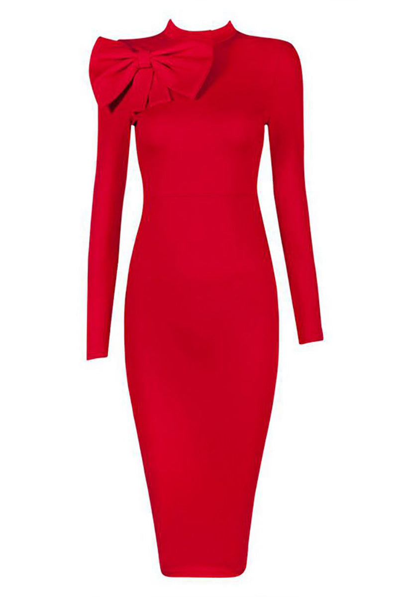 Red High Neck Bandage Dress With Long Sleeves