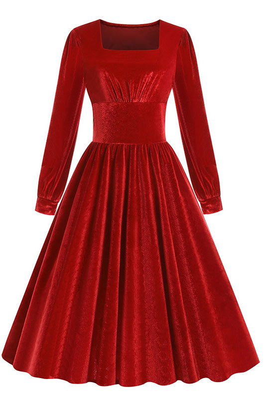 Midi Red Long Sleeve A-Line Party Dress