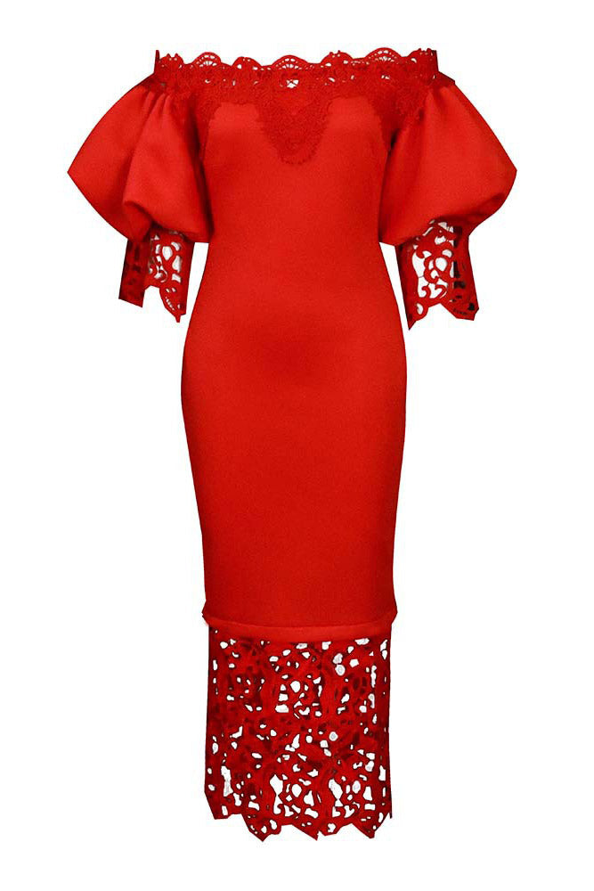 Red Off Shoulder Midi Cocktail Party Dress