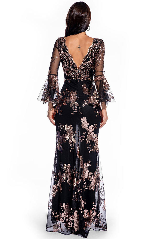 Sexy High Split Long Sleeve Prom Gown Evening Dress