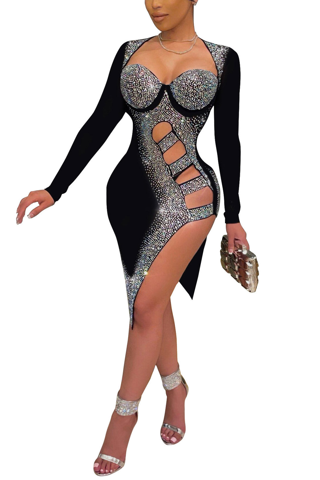 Sexy Black Cut Out Long Sleeve Party Dress