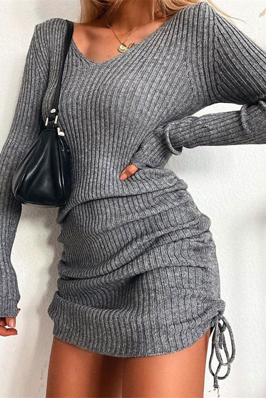 Sexy Grey Knitted Sweater V-neck Long-sleeve Slim Pleated Dress