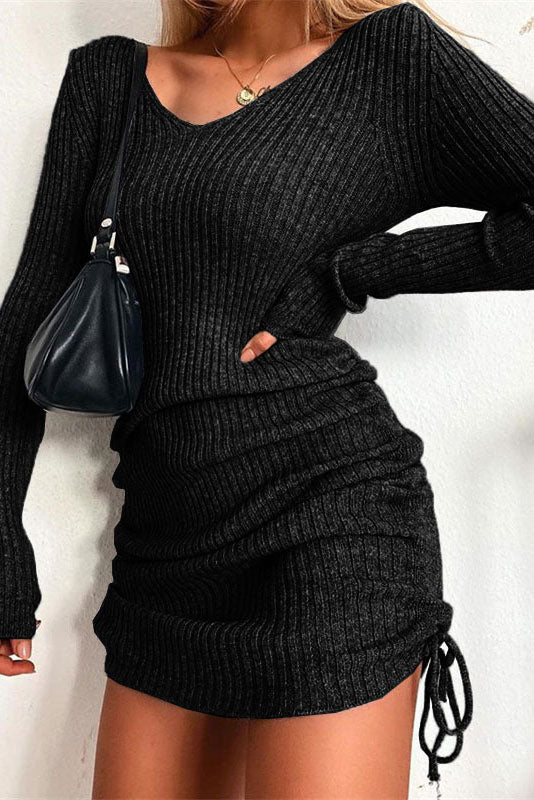 Sexy Grey Knitted Sweater V-neck Long-sleeve Slim Pleated Dress