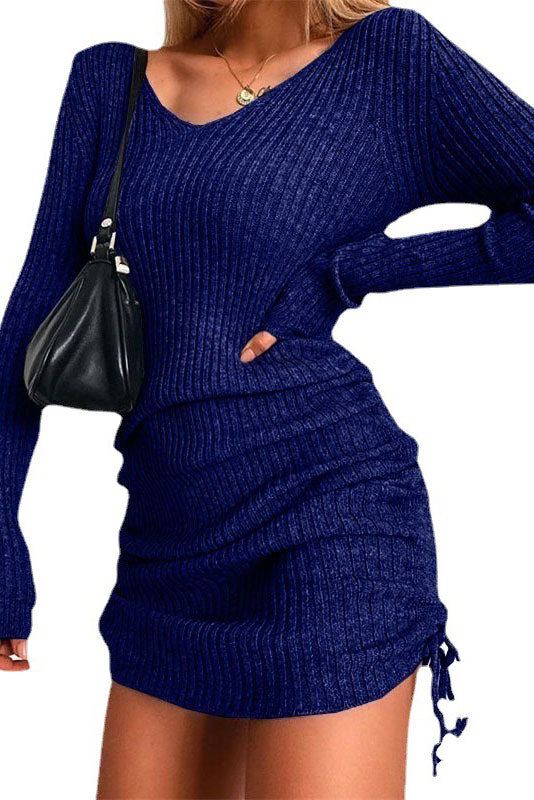 Sexy Grey Knitted Sweater V-neck Long-sleeve Slim Pleated Dress