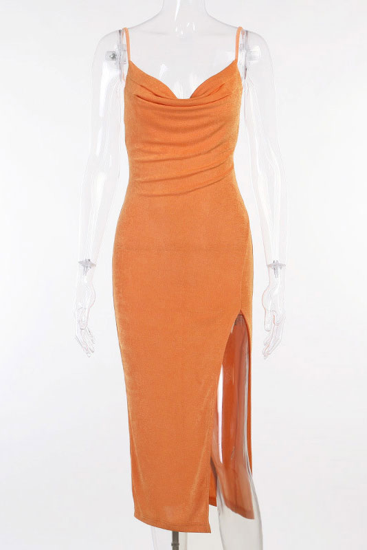 Sexy Knitted Orange Split Spaghetti Straps Dress