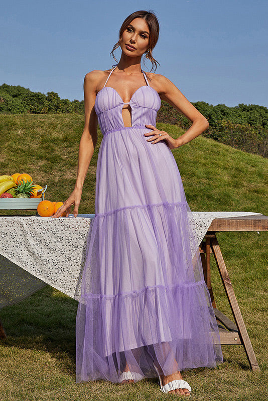 Sexy Lilac Halter Open Back A-Line Prom Evening Dress