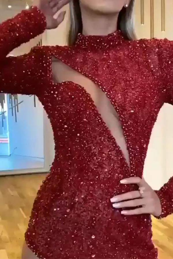 Sexy Red Cut Out Long Sleeve Evening Dresses