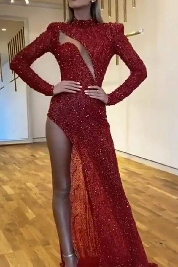 Sexy Red Cut Out Long Sleeve Evening Dresses