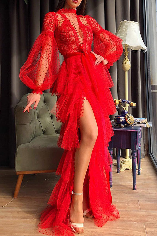 Sexy Red High Split Long Sleeve Evening Dress