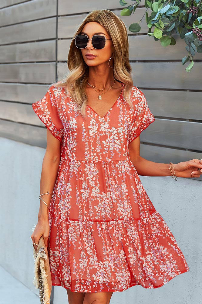 Short Mini Chiffon V-Neck Printed Dress