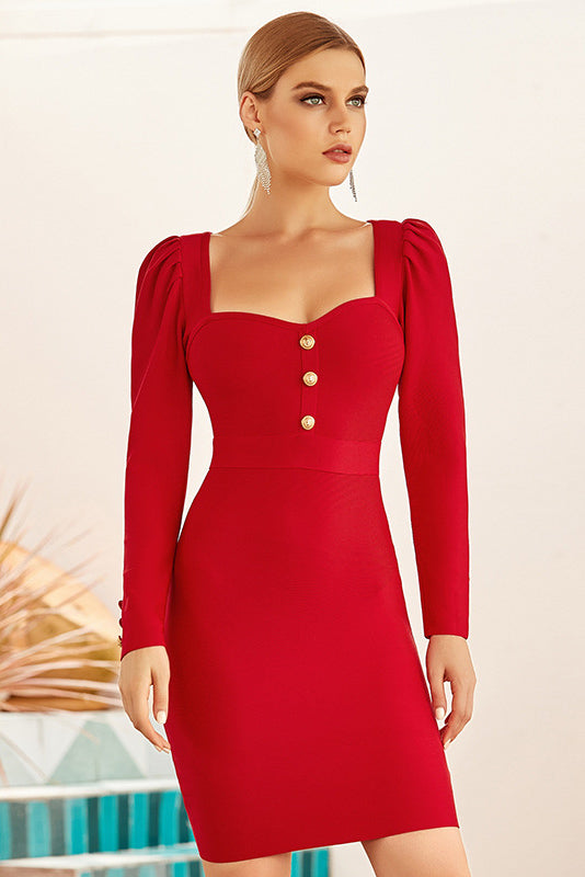 Short Red Long Sleeve Party Bandage Dress