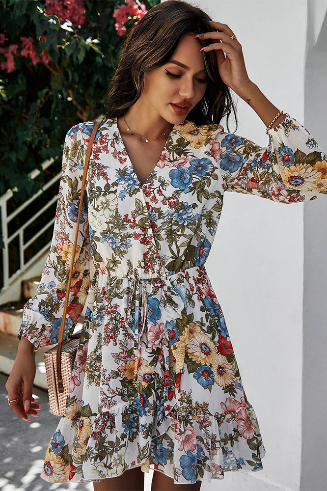 Short Mini V-Neck Long-Sleeved Chiffon Print Dress For Women 