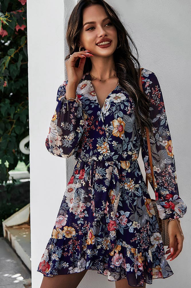 Short Mini V-Neck Long-Sleeved Chiffon Print Dress For Women 