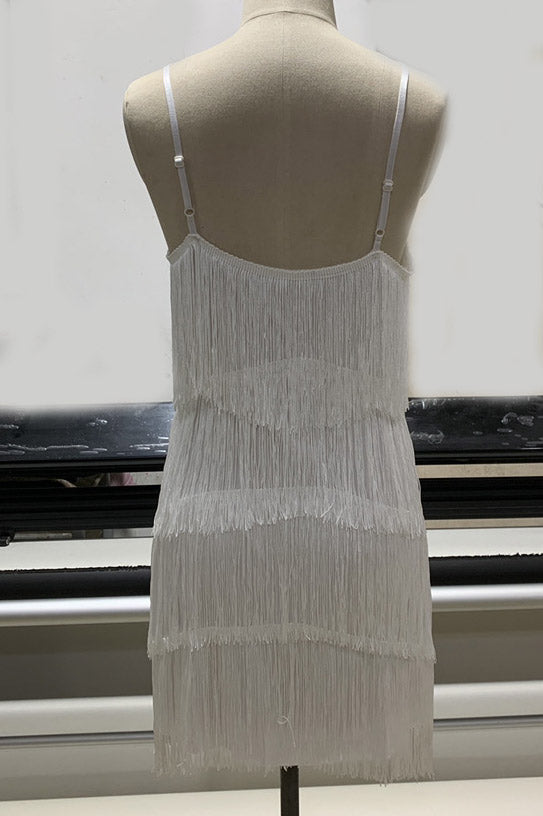 Short Mini White Tassel Spaghetti Straps Party Dress