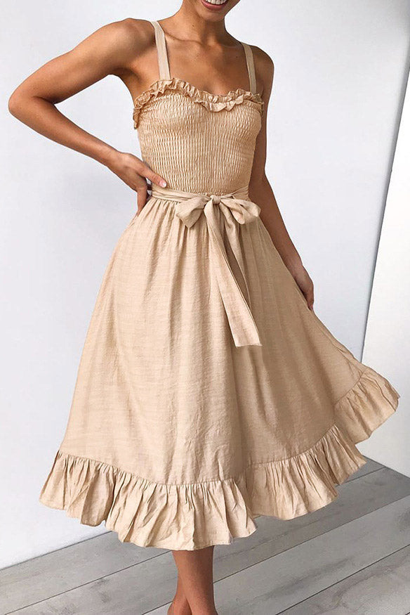 Smocked Sleeveless Lace-up Ruffled Dress - Mislish