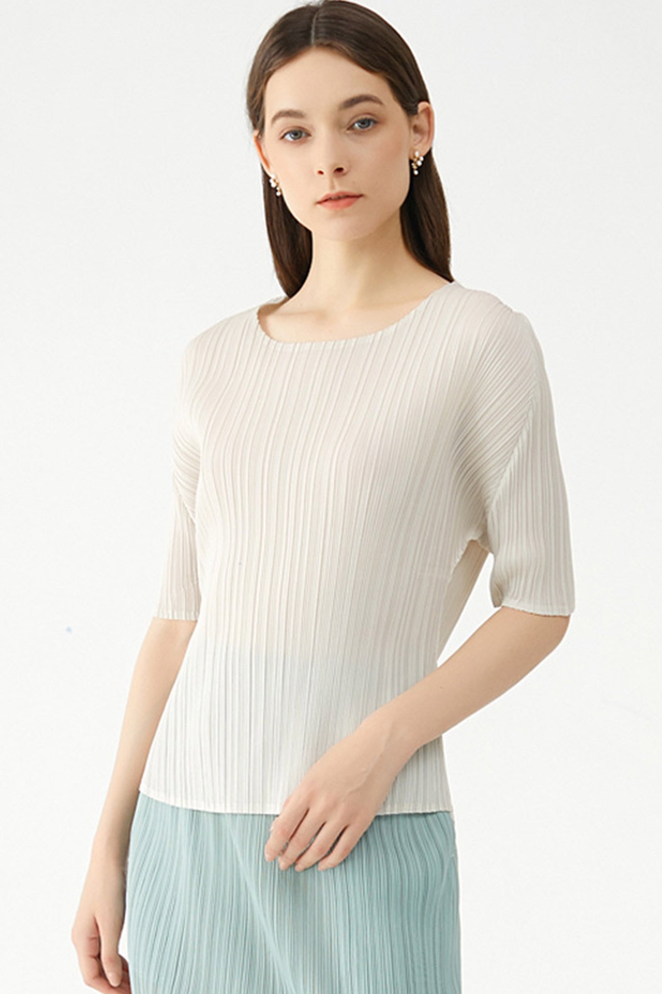 Solid Color Full Pleated Short Sleeve Top