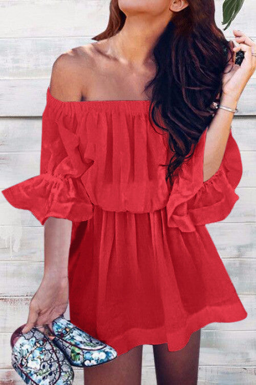 Solid Off Shoulder Frilled Waist Ruffled Short Dress - Mislish