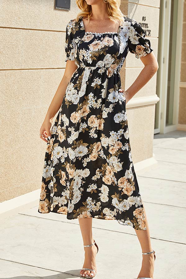 Square Neck Empire Waist Floral Dress - Mislish