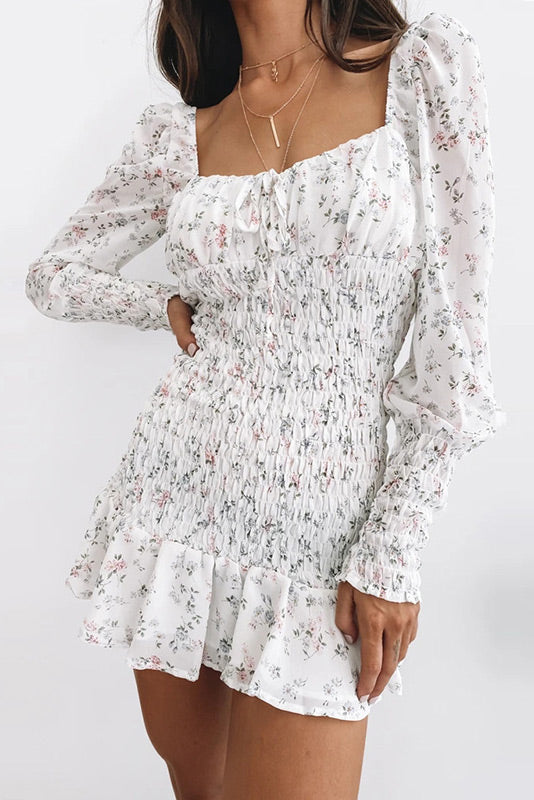 Square Neck Floral Smocked Ruffled Chiffon Dress - Mislish