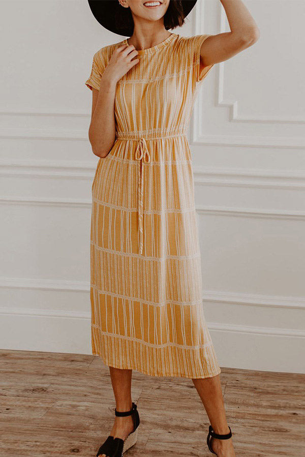 Striped Side Slit Cinched Midi Dress - Mislish