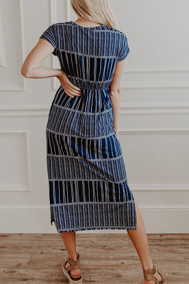 Striped Side Slit Cinched Midi Dress