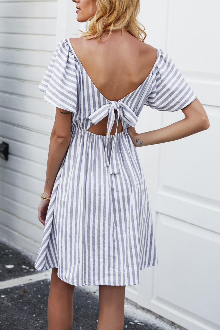 Striped V-neck Tie Back Short Dress