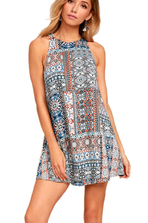 Halter Neck Boho Print Mini Dress - 2 Colors