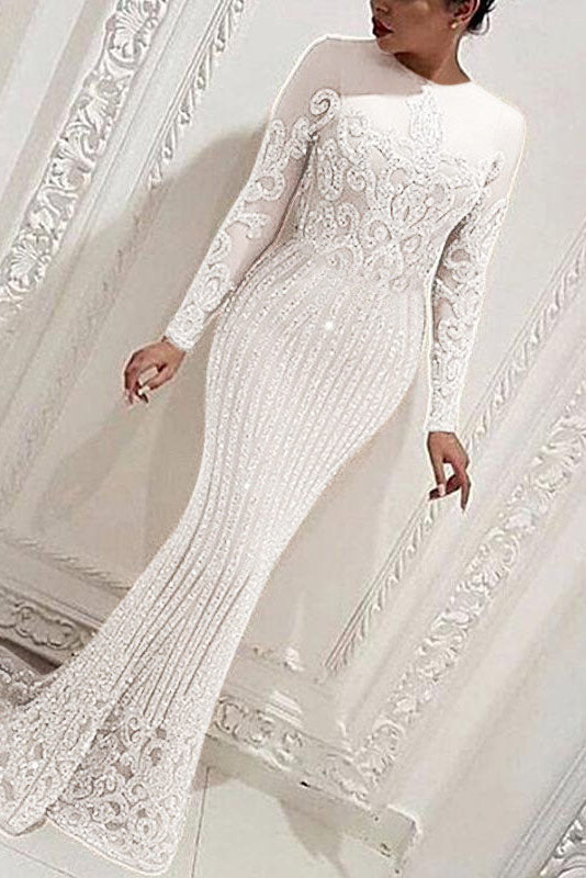 White Long Sleeve Mermaid Evening Formal Dress