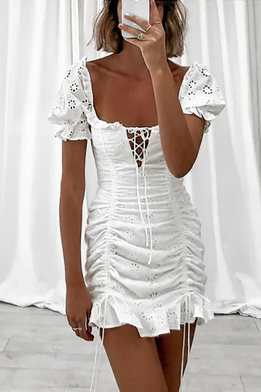 White Cutout Drawstring Short Dress - Mislish