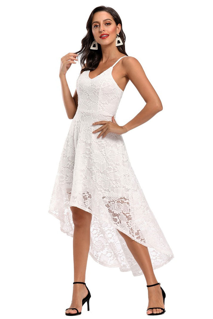 White Lace High-Low Sleeveless Party Cocktail Dress