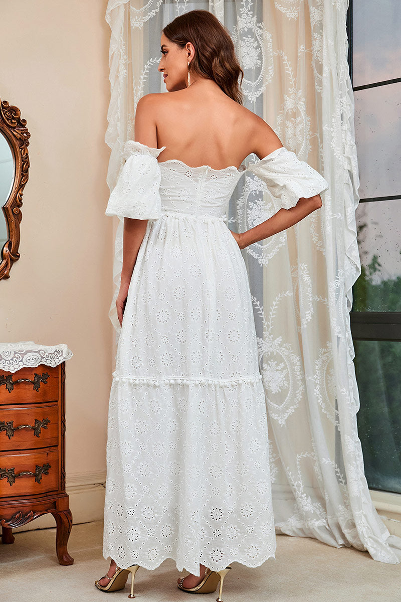 White Lace Off Shoulder A-Line Prom Dress