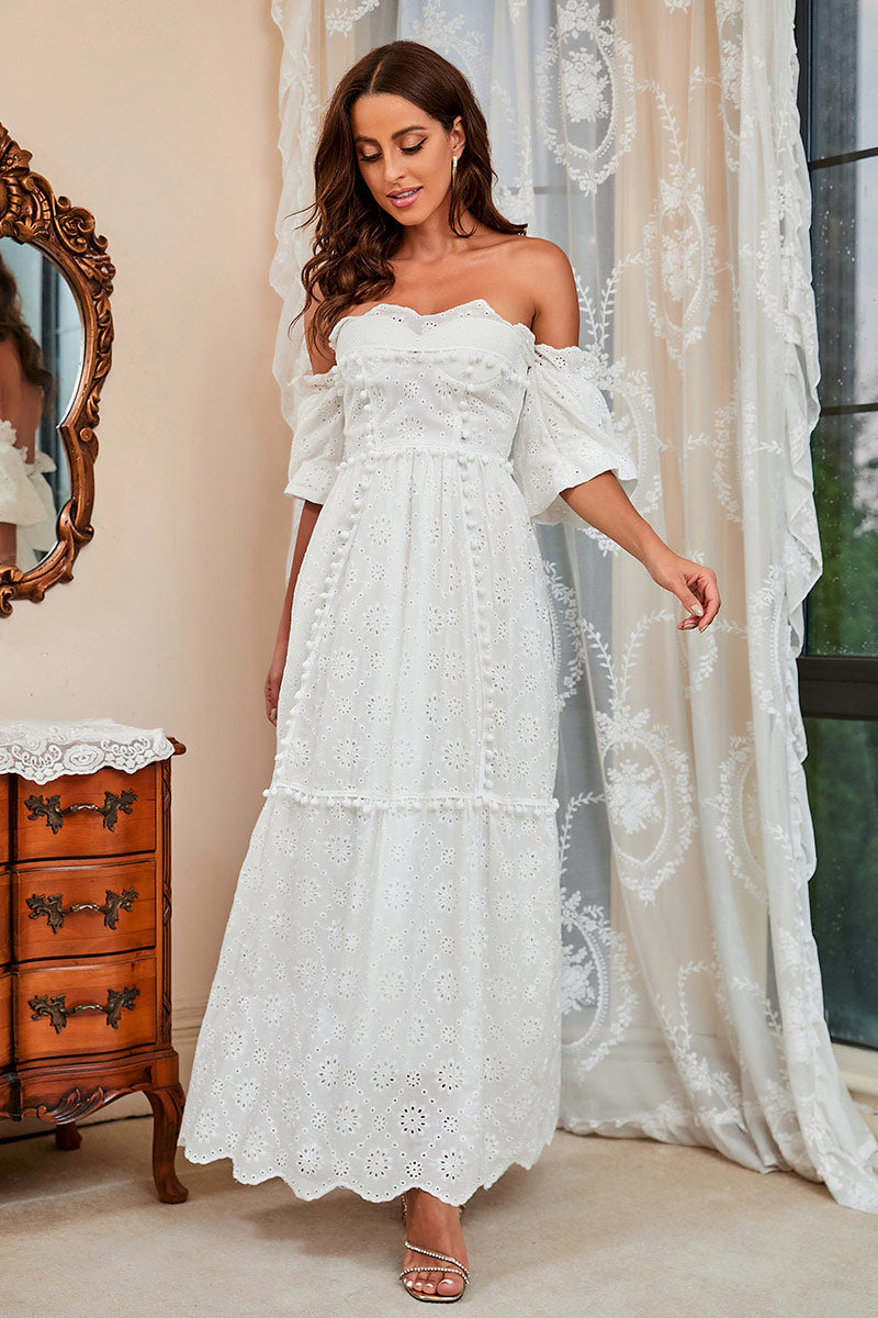 White Lace Off Shoulder A-Line Prom Dress