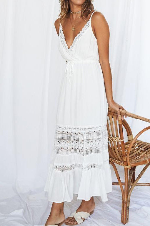 White Lace Panel Spaghetti Straps Vacation Dress - Mislish