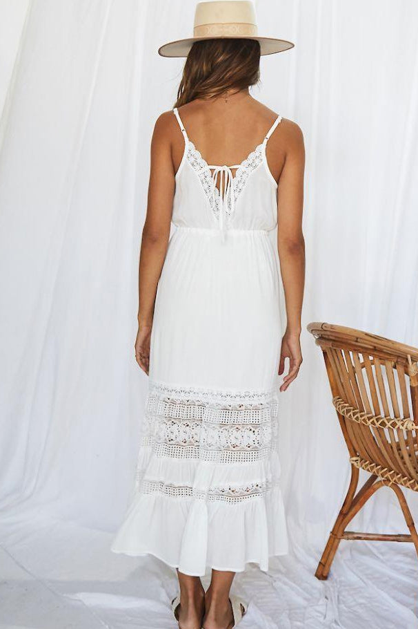 White Lace Panel Spaghetti Straps Vacation Dress