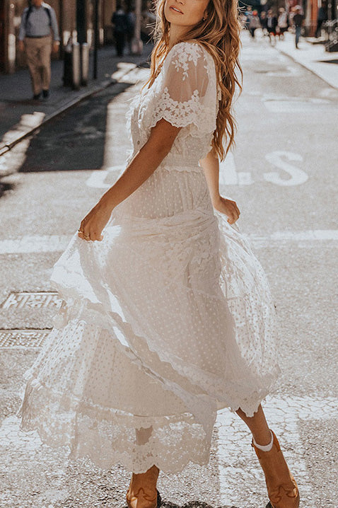 White Lace V-neck Maxi Dress