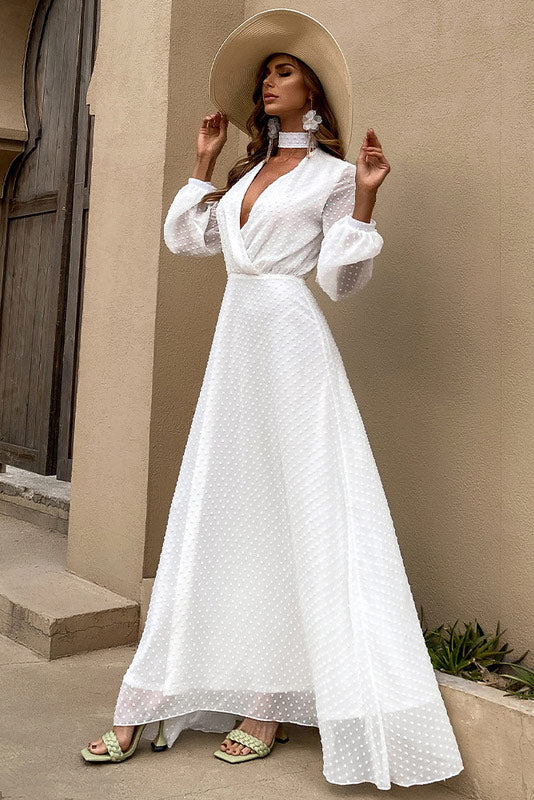 White Long Sleeve A-Line V-Neck Prom Evening Dress