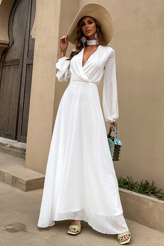 White Long Sleeve A-Line V-Neck Prom Evening Dress