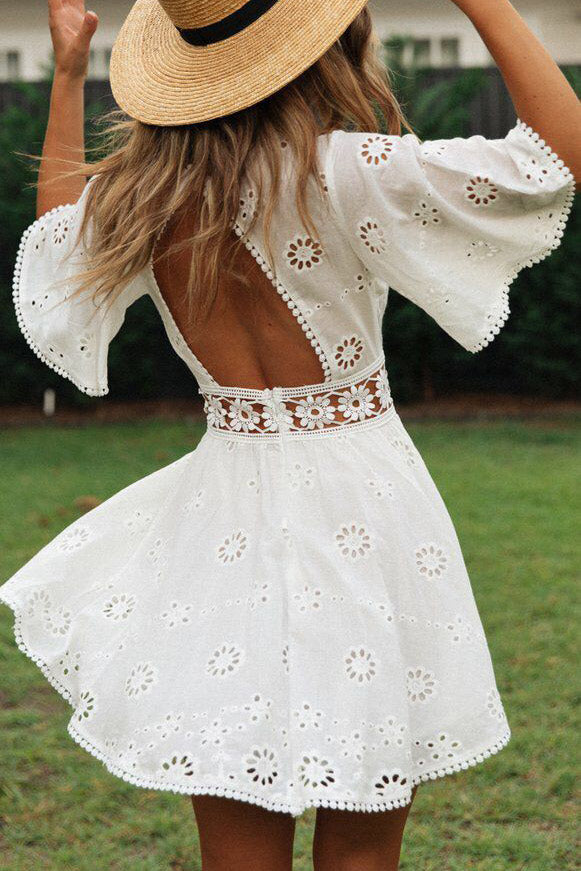 White Tassel Open Back Short Dress