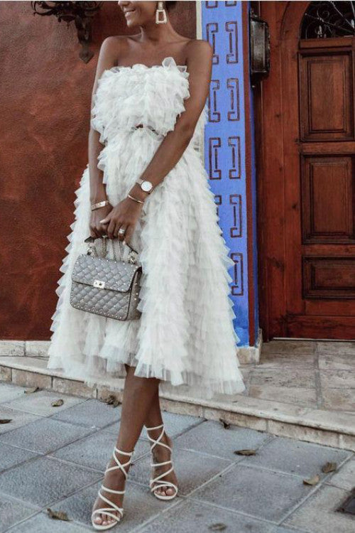 White Tulle Backless Bandeau Dress