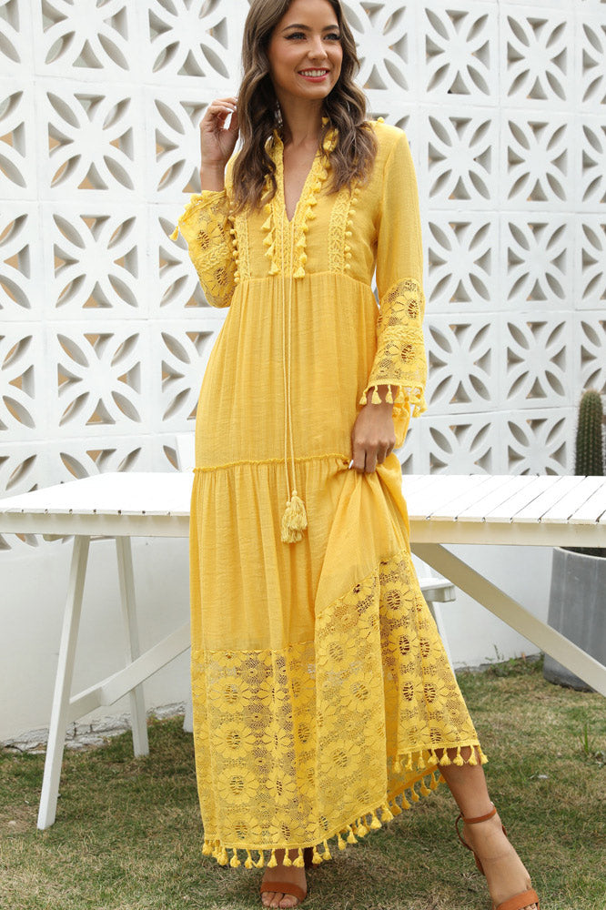 Women's Casual Yellow V-neck Long Sleeve Dress